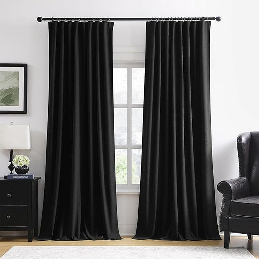 RAIN CITY 104 Inch Custom Made Black Curtains, Textured Linen Blend Black Out Pleated Look Curtains with Hooks Window Drapes for Slidng Glass Door Living Room-50x104-inch 2 Panels Set