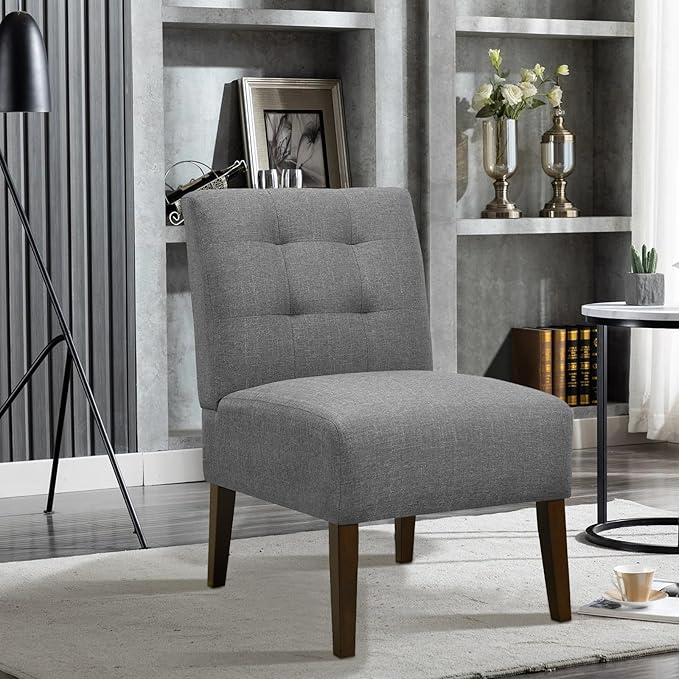 Slipper Accent Chair Modern Armless Lounge Chair with Wood Legs Upholstered Makeup Vanity Tufted Side Chair Fabric Comfy with Decor Back for Living Room Bedroom Patio (Pin Back, Grey)