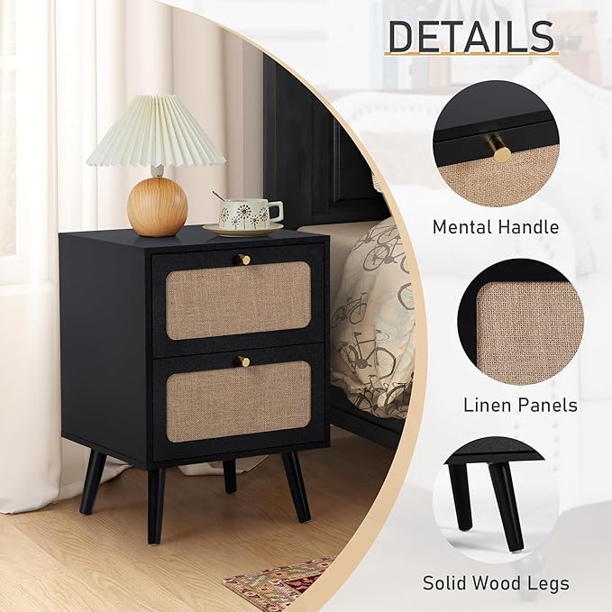 16" Wood Nightstand Set of 2, Farmhouse End Table with 2 Storage Drawer, Modern Bedside Table with Linen Decor, Minimalist Night Stand for Living Room, Bedroom & Small Space (Black)