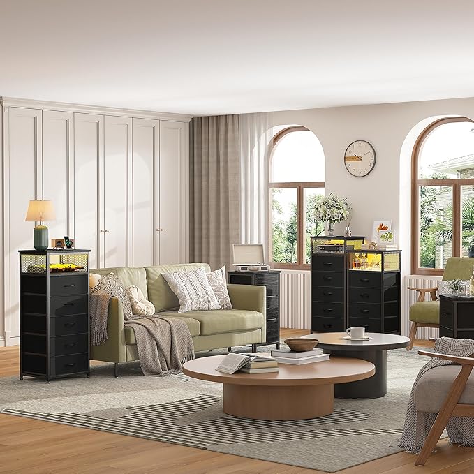 EnHomee Tall Night Stand Set 2 with 5 Drawers, LED Nightstand with Ports & Outlets, Bedside Table with Extra Side Bag & Storage Shelf & Hooks, Bedroom, Dorm, Closet