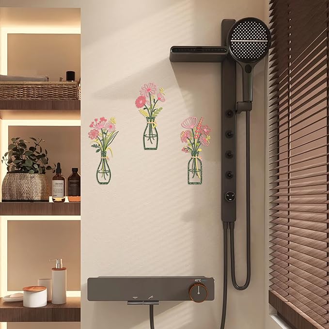 Iron Metal Vase Flower Wall Art Set of 3 - Minimalist Black Floral Decor for Living Room Bedroom Kitchen, Office Garden - Modern Farmhouse Home Decor & Housewarming Gifts (Green-Pink)