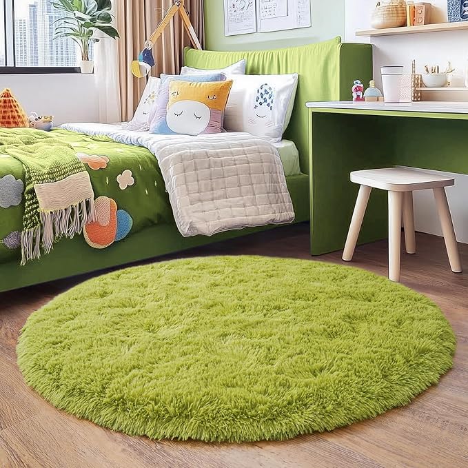 5'x5' Grass Green Round Rug for Bedroom, Ultra Soft Fluffy Circle Rug for Kids Girls Boys Room, Cute Shag Rugs for Living Room Playroom Tent Castle Home Decor Rug