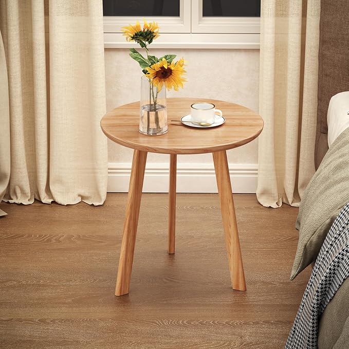 100% Solid Oak Round Side Table, Small Side Table for Small Spaces, 3-Legged Living Room End Tables Set of 2with Stable Frame for Bedroom Couch Side Entryway, Natural