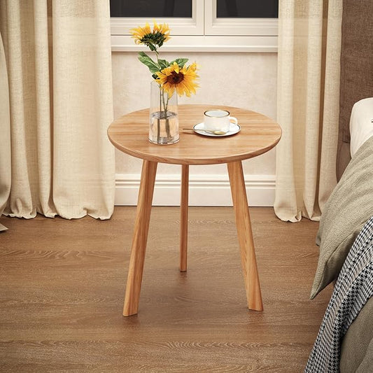 100% Solid Oak Round Side Table, Small Side Table for Small Spaces, 3-Legged Living Room End Tables Set of 2with Stable Frame for Bedroom Couch Side Entryway, Natural