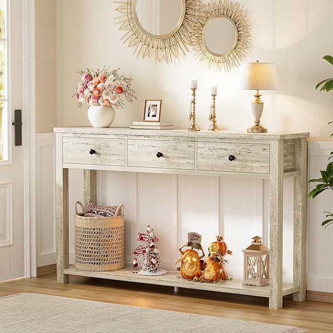Homieasy Farmhouse Console Table with 3 Drawers, 47 Inch Wood Sofa Table with Storage Shelf for Living Room, Behind Couch, Entryway Table for Hallway, Living Room, or Foyer, Light Rustic Oak