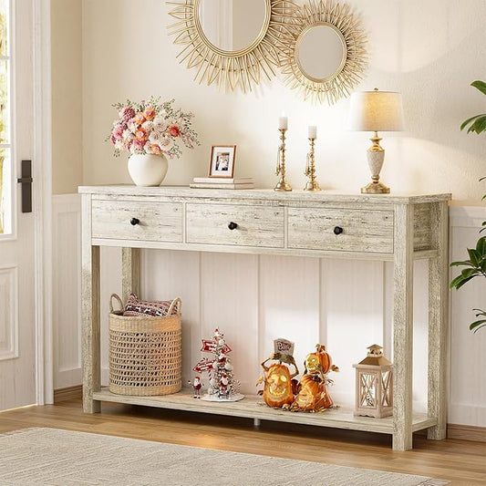 Homieasy Farmhouse Console Table with 3 Drawers, 47 Inch Wood Sofa Table with Storage Shelf for Living Room, Behind Couch, Entryway Table for Hallway, Living Room, or Foyer, Light Rustic Oak