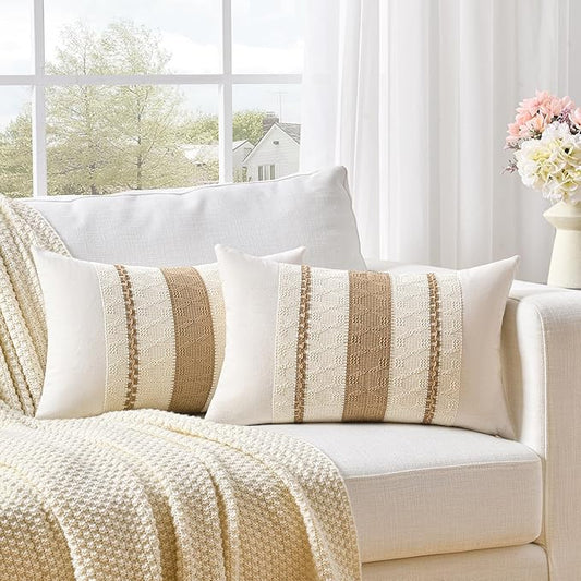 Fancy Homi Set of 2 Neutral Tan Lumbar Decorative Throw Pillow Cover 12x20 Inch for Couch Bed Sofa Chair, Modern Organic Farmhouse Boho Home Decor, Soft Cotton Cute Accent Taupe Rectangle Cushion Case