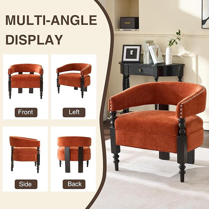 LOULENS Barrel Accent Chair for Living Room | Vintage Chenille Upholstered Lounge Chair with Solid Wood Legs, Armchair for Bedroom, Reception Room & Reading Nook, Orange