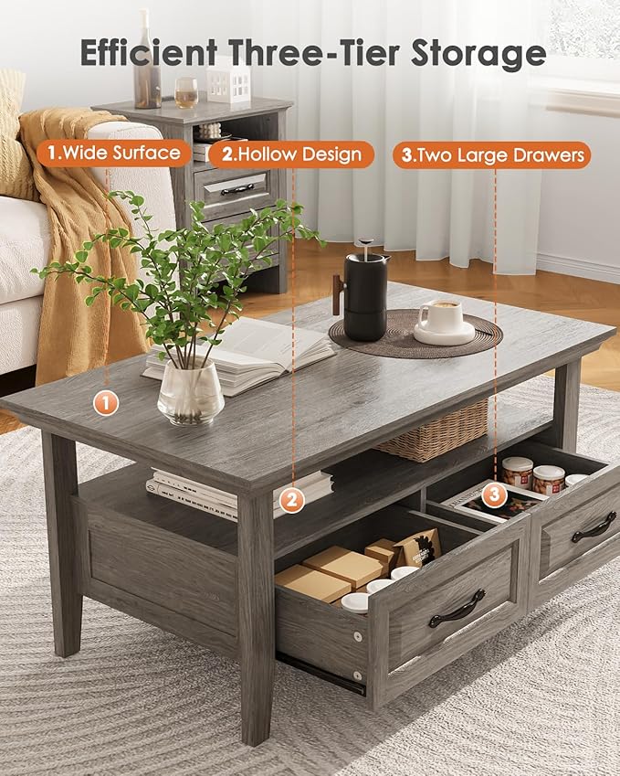 Amada Coffee Table for Living Room, 39.4" Small Coffee Table with Storage, Modern Coffee Tables Open Display Shelf and Hidden Drawers, Farmhouse Wood Center Table Decor Ideal for Home Office, Gray