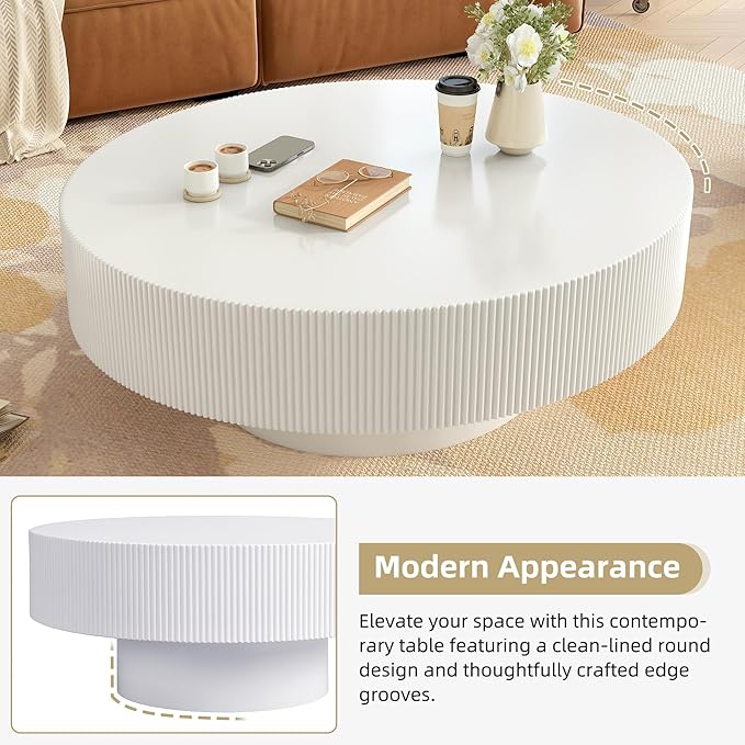 31.5" Round Fluted Coffee Table, Modern Wood Circle Coffee Table, White Fluted Tea Center Table with Thick Tabletop & Sturdy Pedestal for Living Room Apartment- Easy Assembly