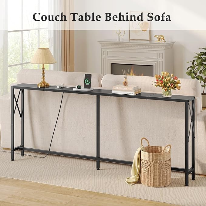 Console Table Narrow Long, Behind Couch Table with Oulets & USB Ports, Industrial Long Skinny Stand for Entryway,Hallway, Living Room, Bedroom Black, 7.9" D x 70" W x 30.3" H