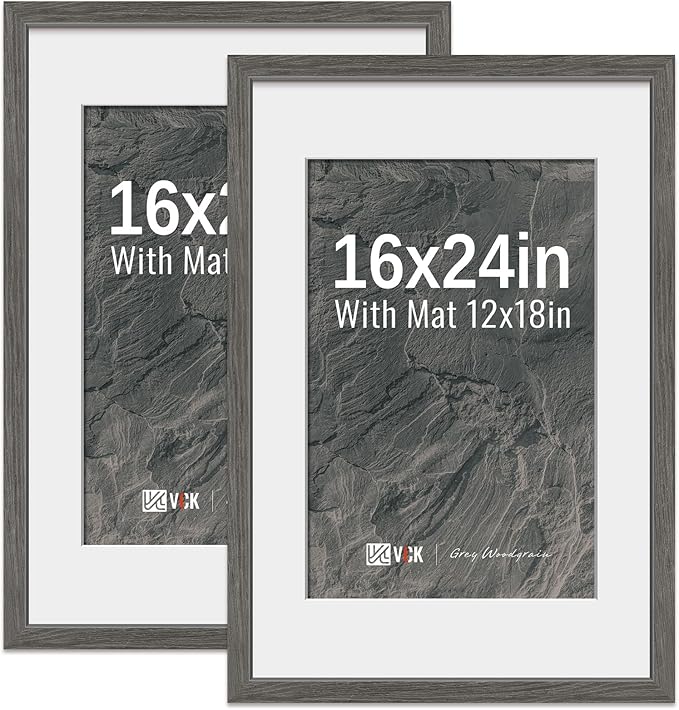 VCK 16x24 Poster Frame 2 Pack - Grey, High-End Wood Picture Frames with Polished Plexiglass, Display 12x18 Photo with Mat or 16x24 without Mat, Art Gallery-Quality, Wall Hanging, Grey