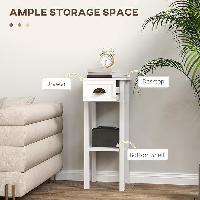 HOMCOM 2-Tier Side Table with Drawer, Narrow End Table with Bottom Shelf, for Living Room, Set of 2, White