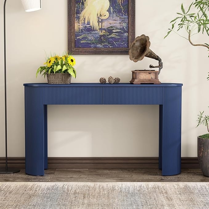 kevinplus 54'' Wood Console Table Sofa Table with 2 Drawer Storage for Entryway, Modern Elegant Fluted Design & Curved Edge, Easy Assemble, Blue