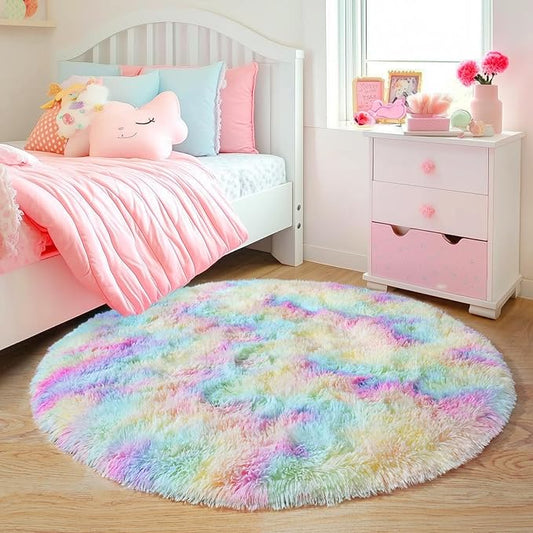 3'x3' Rainbow Round Rugs for Girls Bedroom, Ultra Soft Fluffy Circle Rug for Kids Room, Cute Small Shag Rugs for Living Room Playroom Tent Castle Home Decor Rug
