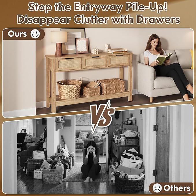 Luoxiao Rattan Console Table Boho Entryway Table with 3 Drawers Storage, Narrow Long Behind Couch Sofa Table for Living Room Side Table Entry Way Table Entrance Hallway Foyer, Natural, 47 Inch