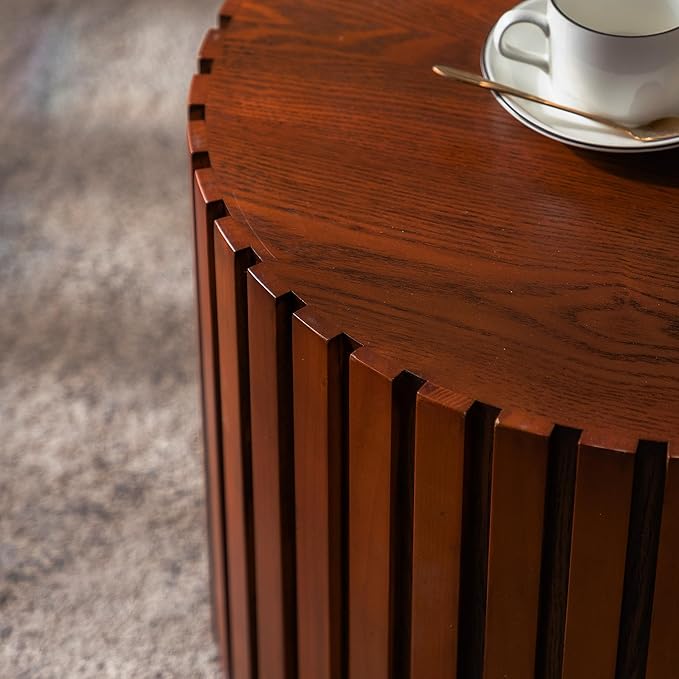 Nesting Round Coffee Table Set of 2, 27.56" Fluted Circle Accent End Table, Morden Drum Side Table, Wooden Center Table for Living Room, Fully Assembled - Walnut