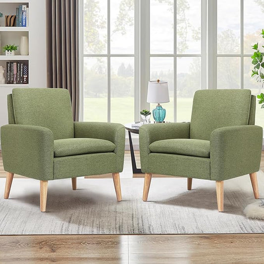 Lohoms Accent Chair Set of 2 Living Room Mid-Century Modern Chair, Upholstered Fabric Comfy Club Armchair Pair of Leisure Sofa Chairs for Bedroom, Small Apartment, Office, Green