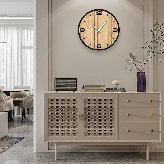 10 Inch Round Wall Clock Battery Operated Wooden, Non-Ticking Quartz Decorative Analog Clocks for Apartment, Living Room, Bedroom, Hallway, Classroom - Easy to Install & Read
