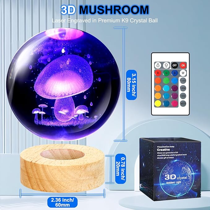 Mushroom Lamp,3.15 inch 3D K9 Crystal Ball Mushroom Night Light with Wooden Base,16 Colors Change,Remote Control,Color Box,Birthday Christmas Gift