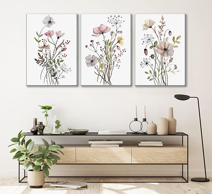 3Pcs Watercolor Wildflower Canvas Wall Art Modern Minimalist Colorful Botanical Floral Painting Pictures Wall Decor Flower Posters Print Artwork for Living Room Bedroom Home Decoration