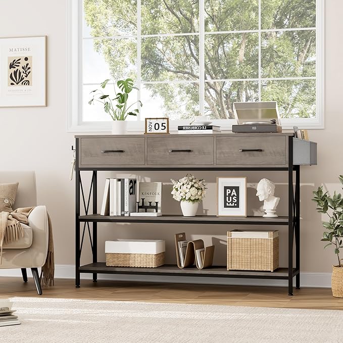 HITHOS 47.2" Long Console Table with 3 Drawers and 3-Tier Storage Shelves, Industrial Sofa Table for Living Room Entry Way