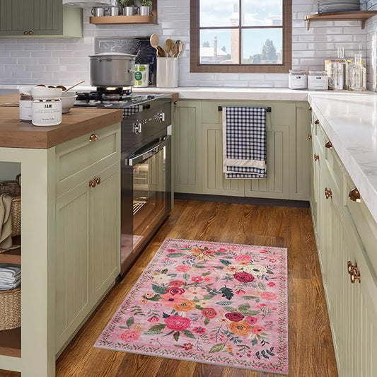 Pink Floral Rug for Entryway 2x3, Washable Kitchen Mat Ultra-Thin Soft, Non-Slip Indoor Door Carpet Stain Resistant Boho Small Low-Pile Throw for Bathroom Bedroom (2 x 3, Pink Lawn)