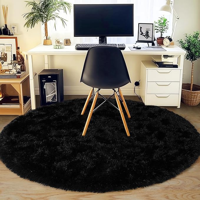 3'x3' Black Round Rug for Bedroom, Ultra Soft Fluffy Circle Rug for Kids Girls Boys Room, Cute Small Shag Rugs for Living Room Playroom Teen Room Home Decor Rug