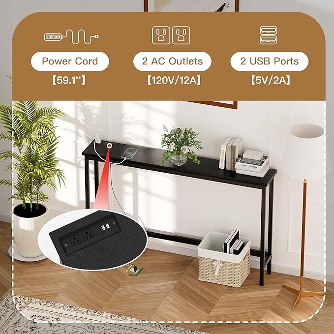 35'' High Behind Couch Table, Narrow Console Table with Outlet, Sofa Table for Entryway Hallway, Living Room, Black