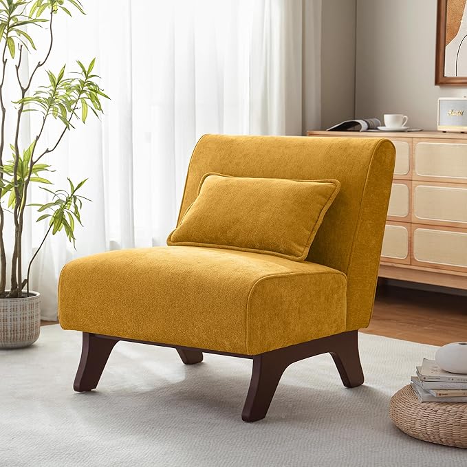 Upholstered Armless Accent Chair,Modern Comfy Living Room Chairs with Wooden Legs& Pillows,Lounge Sofa Side Chair for Bedroom Farmhouse Reading (Yellow, 1 PC)