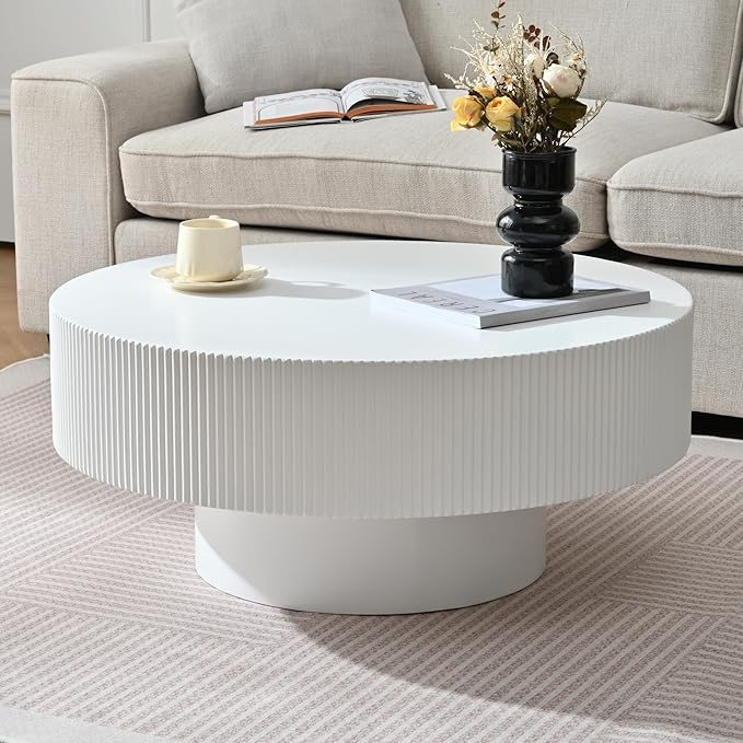 31.5 Inch Round Drum Coffee Table, Modern Handcraft Fluted Drum Coffee Table, Wooden Round Coffee Table Center Table Cocktail Table with Stable Pedestal for Living Room Apartment (White)