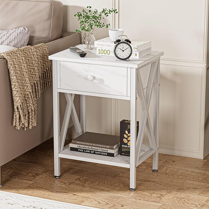 VECELO Nightstands Set of 2, Modern Bedside End Tables, Night Stands with Drawer and Storage Shelf for Living Room Bedroom, Industrial Metal Frame