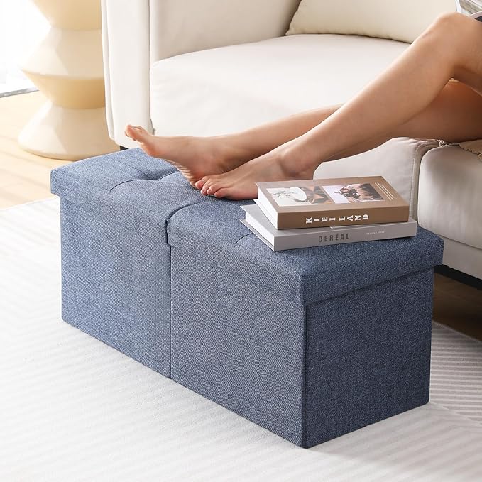 CUYOCA Storage Ottoman Bench Foldable Seat Footrest Shoe Bench End of Bed Storage with Flipping Lid, 75L Storage Space, 30 inches Linen Fabric Navy