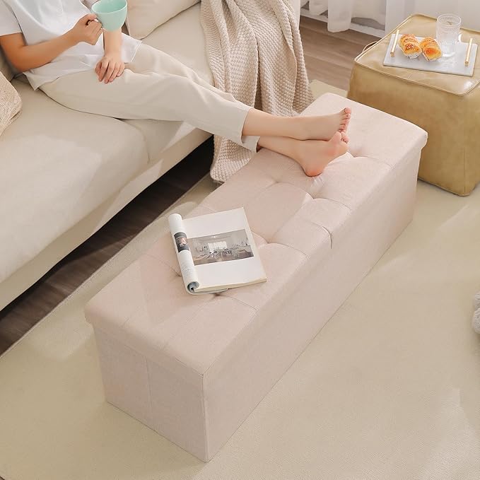 CUYOCA 45.3 Inches Storage Ottoman Bench Foldable Seat Footrest Shoe Bench End of Bed Storage with Flipping Lid, 166L Storage Space, Linen Fabric Pink