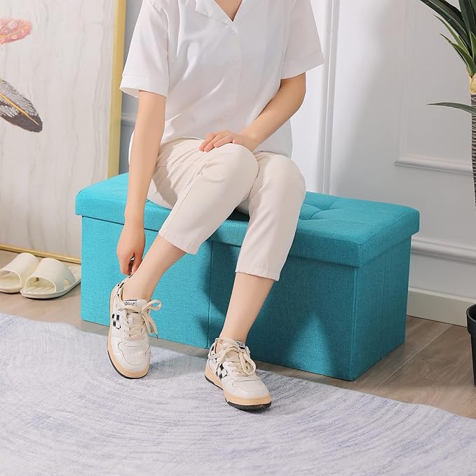 CUYOCA Storage Ottoman Bench Foldable Seat Footrest Shoe Bench End of Bed Storage with Flipping Lid, 75L Storage Space, 30 inches Linen Fabric Teal Blue