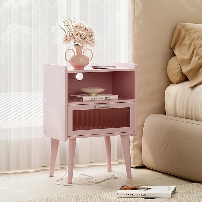 Nightstand with Charging Station, Bedside Tables Pink End Table Side Table with 2 Tiers Storage Space, for Bedroom Living Room MLBZ07PE