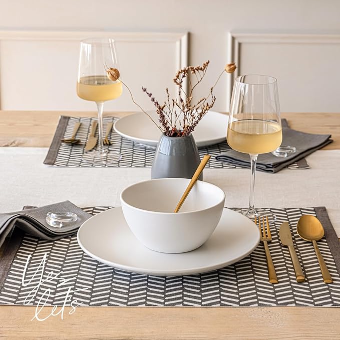 Over&Back Set of 4 Hand-Blocked Placemats - Colorful Dining Table Mat - Each Placemat is Unique - 100% Cotton - Machine Washable - Kitchen and Home Decor - Grey Herringbone