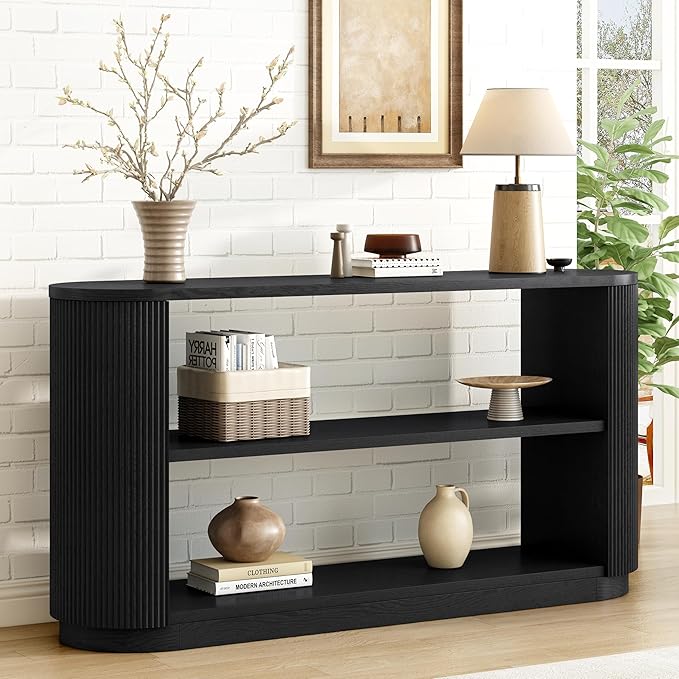 kevinplus 58.9'' Console Table Sofa Table for Entryway, 3-Tier Storage Open Shelf Modern Countryside Farmhouse Style, Elegant Wood Grain & Fluted Design, Easy Assemble, Black