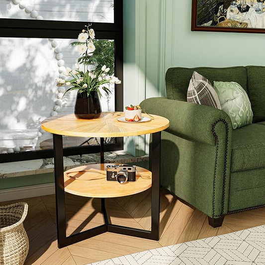 MODERION Round Large End Table with 2 tire Storage Shelf, 25.2” Solid Wood Sofa Side Table with Black Metal Frame, Beside Table for Living Room,Small Space,Natural CJZ1338OA