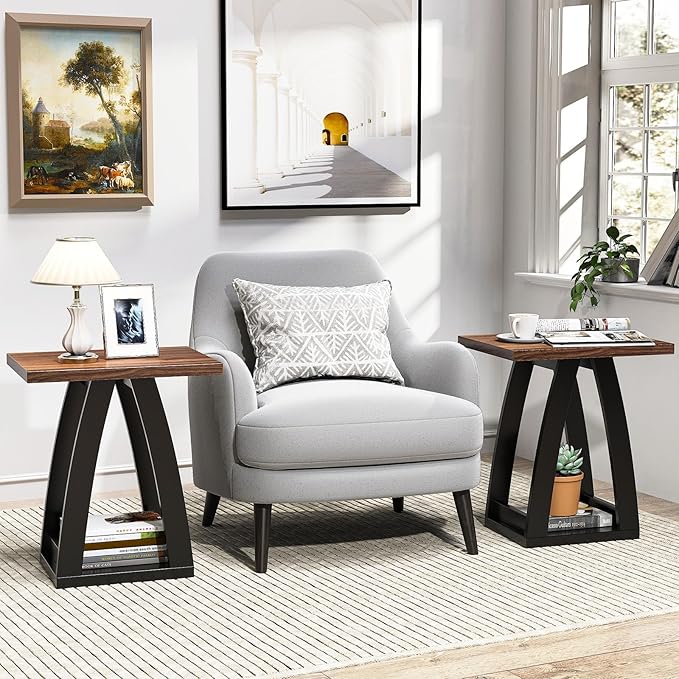 End Tables Living Room. Side Table Beside Sofa. Modern End Table for Living Room. Couch Side Table with Shelf. Black-Brown Wood Side Tables