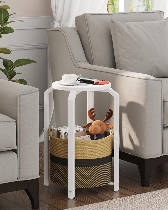 TUTOTAK Small Side Table, Round End Table, Night Stand, Bedside Table, Sofa Table with Storage Basket, Living Room, Bed Room, White and Black-Brown TB01BWK092