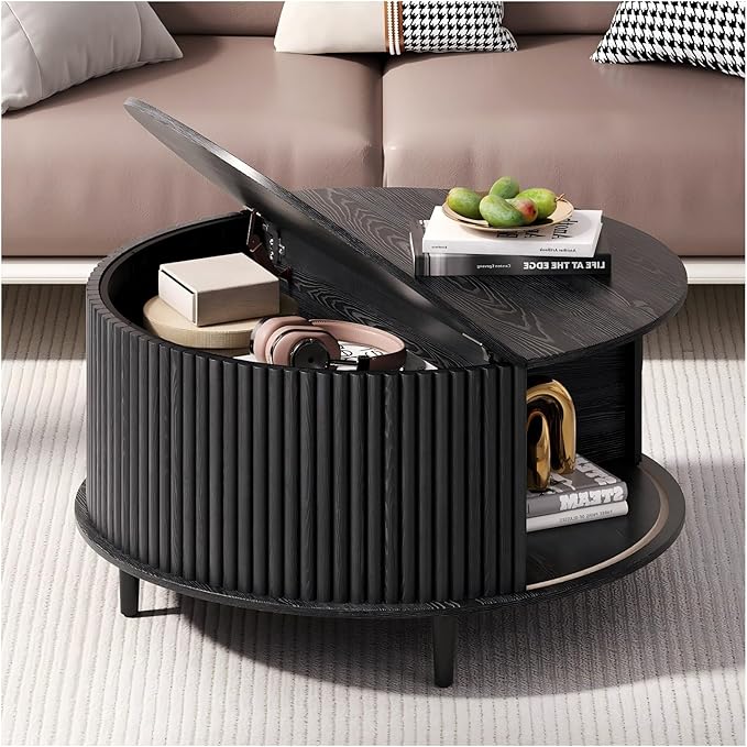 Round Coffee Table with Storage, Mid Century Modern Center Table with Sliding Cabinet Door, Fluted Dining Table for Living Room, Home Small Space, 31.5", Black