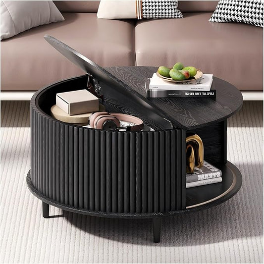 Round Coffee Table with Storage, Mid Century Modern Center Table with Sliding Cabinet Door, Fluted Dining Table for Living Room, Home Small Space, 31.5", Black