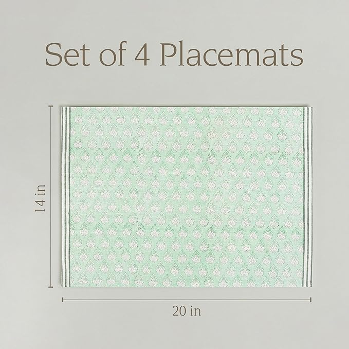 Over&Back Set of 4 Hand-Blocked Placemats - Colorful Dining Table Mat - Each Placemat is Unique - 100% Cotton - Machine Washable - Kitchen and Home Decor - Green Leaf