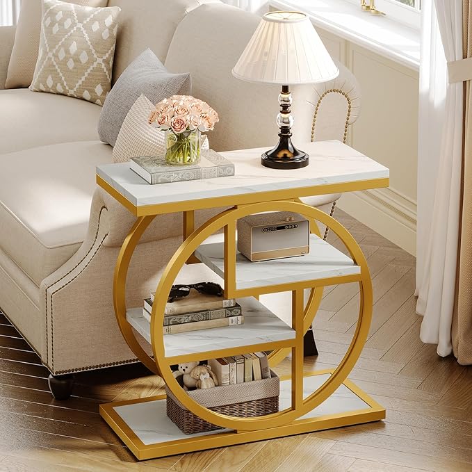 Tribesigns End Table for Living Room, Modern Faux Marble Narrow Side Table with Storage Shelves, 4-Tier Bedside Table for Bedroom, Small Sofa Side Table with Geometric Metal Frame (1 PC, White & Gold)