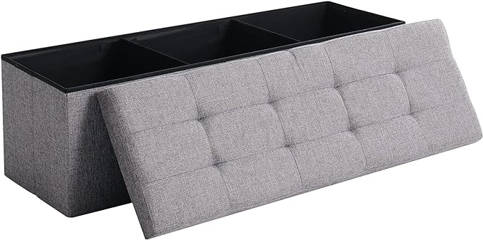 Cuyoca 45.3 Inches Foldable Seat Footrest Shoe Bench End of Bed Storage with Flipping Lid, 166L Upholstered Tufted Bench, Linen Fabric Grey