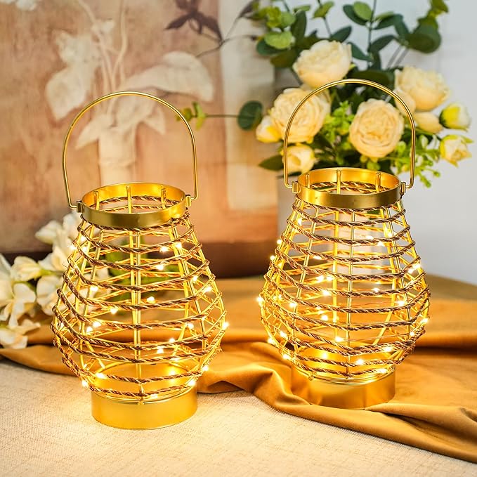 Set of 2 Metal Cordless Table Lamp 8 "H Metal Cage LED Cage Lamp with 6-Hour Timer, Vintage Decorative Fairy Lights Lantern for Indoor/Outdoor Bedrooms Weddings Parties Patio Events