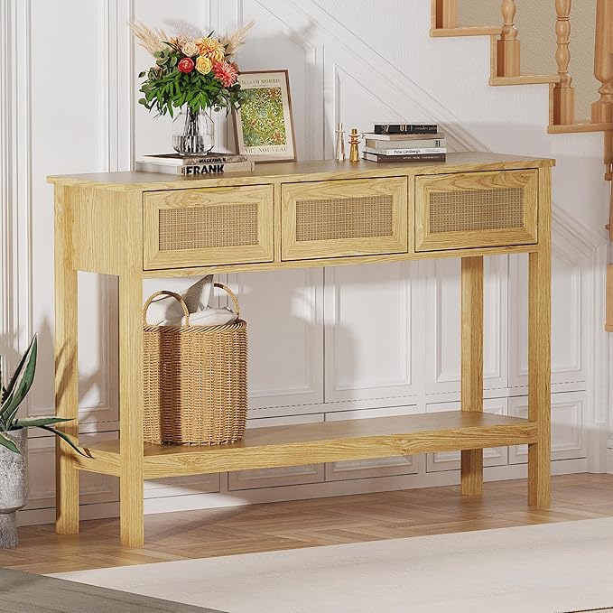 Entryway Table, Rattan Console Table with 3 Storage Drawers and Storage Shelf, Sofa Table with Socket, for Entryway, Living Room, Behind Couch and Hallway (Light Yellow)