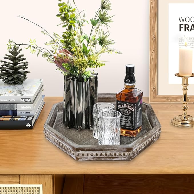 Wooden Decorative Tray, Small Serving Tray with Wood Bead, Farmhouse Big Tray for Ottoman, Countertop, Coffee Tabl, 13" x 13"x 1.6" (Retro Brown)