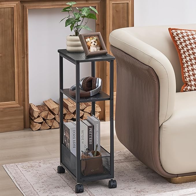 Side Table with Wheels of 2, Narrow Side Table with 3-Layer Storage Shelves, Slim Nightstand, Metal Frame, for Small Spaces, Living Room, Bedroom, 7.9" W x 15.7" D x 25.2" H, Black